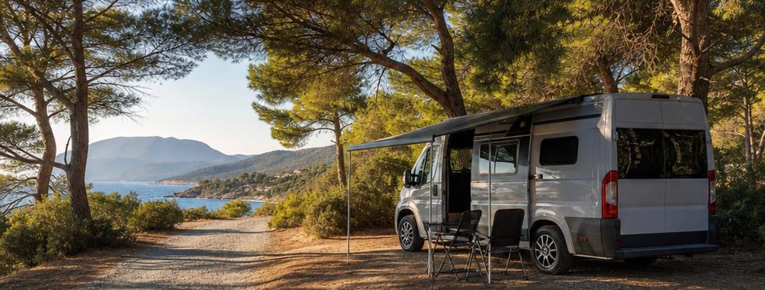 Wohnmobil an einem Stellplatz unter Pinien mit Blick auf die Küste (Symbolbild)